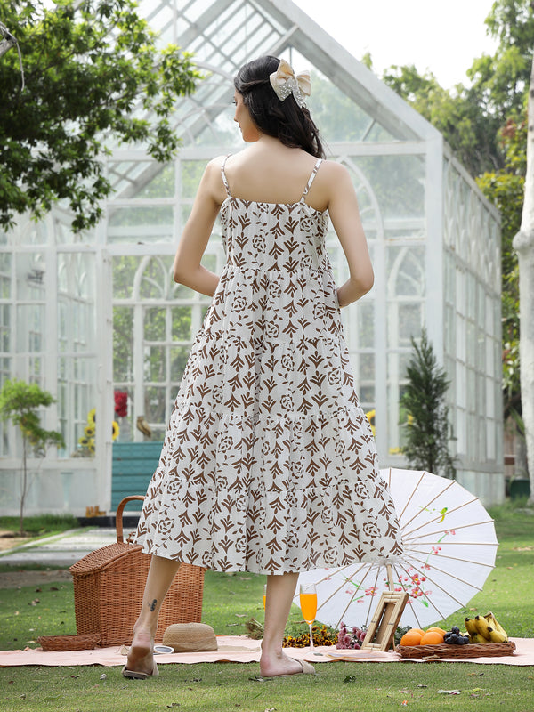 Stylum Women's Brown Printed Cotton Flared Dress (DRSBROWNEMYLO)