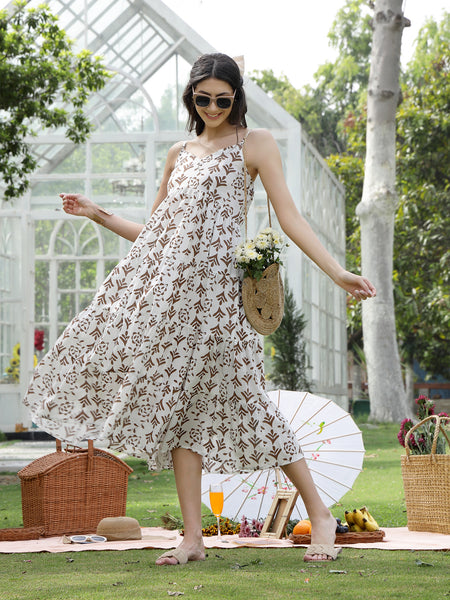 Stylum Women's Brown Printed Cotton Flared Dress (DRSBROWNEMYLO)