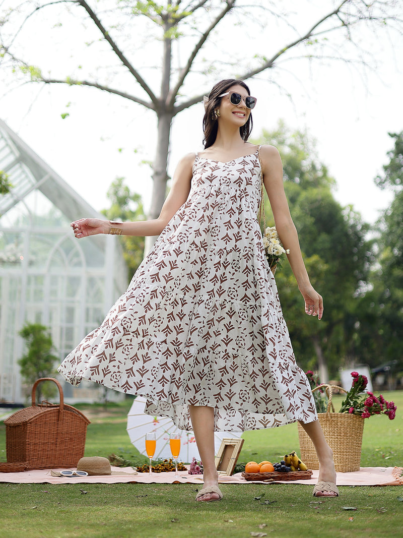 Stylum Women's Brown Printed Cotton Flared Dress (DRSBROWNEMYLO)