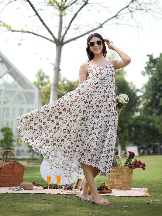 Stylum Women's Brown Printed Cotton Flared Dress (DRSBROWNEMYLO)