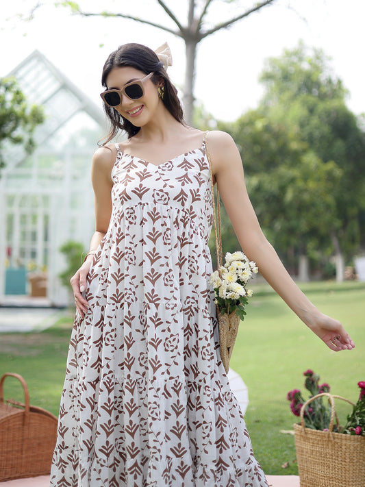 Stylum Women's Brown Printed Cotton Flared Dress (DRSBROWNEMYLO)