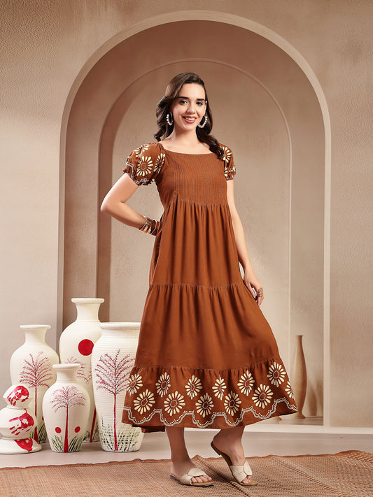 Stylum Women's Brown Solid Rayon Tiered Dress (DRSBROWNERUDE)