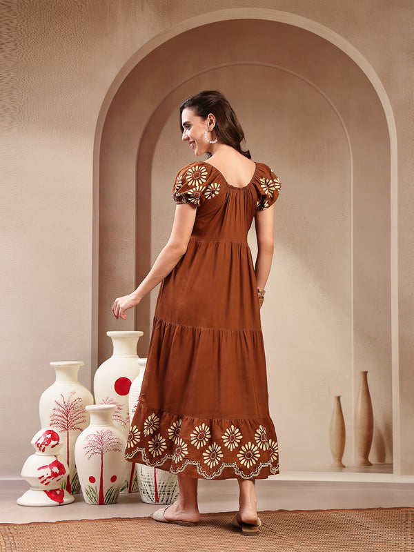 Stylum Women's Brown Solid Rayon Tiered Dress (DRSBROWNERUDE)