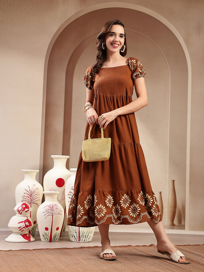 Stylum Women's Brown Solid Rayon Tiered Dress (DRSBROWNERUDE)