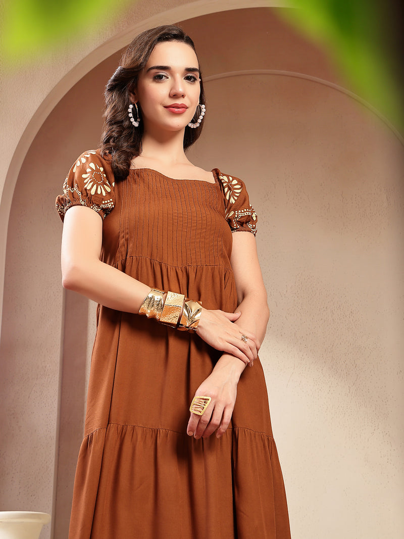 Stylum Women's Brown Solid Rayon Tiered Dress (DRSBROWNERUDE)