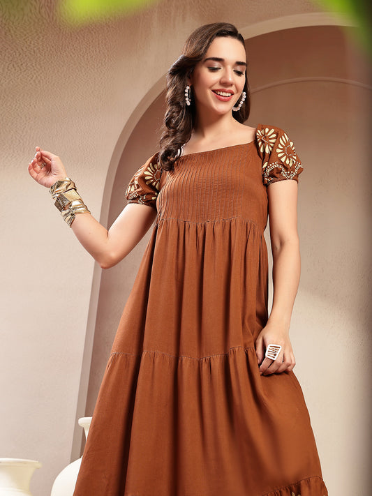 Stylum Women's Brown Solid Rayon Tiered Dress (DRSBROWNERUDE)
