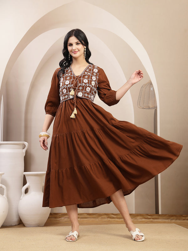 Stylum Women's Brown Solid & Embroidered Tiered Dress With Jacket (DRSBROWNFERRARI)