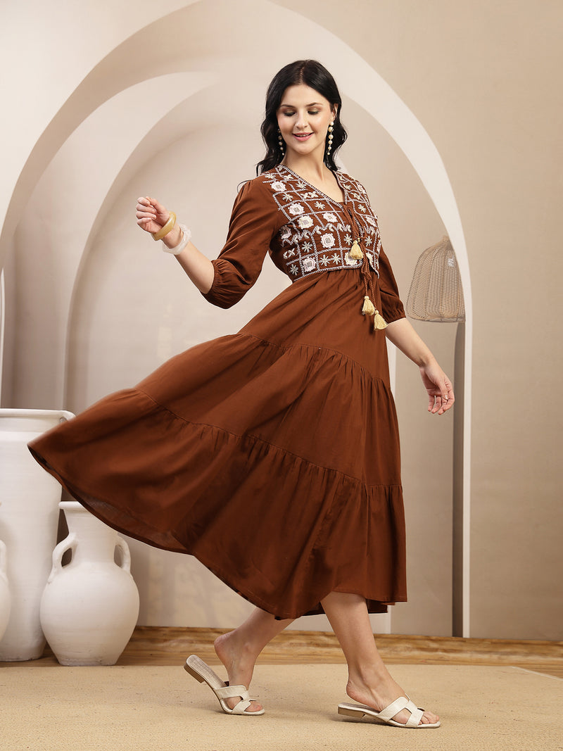 Stylum Women's Brown Solid & Embroidered Tiered Dress With Jacket (DRSBROWNFERRARI)