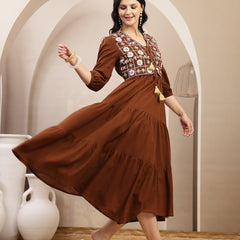 Stylum Women's Brown Solid & Embroidered Tiered Dress With Jacket (DRSBROWNFERRARI)