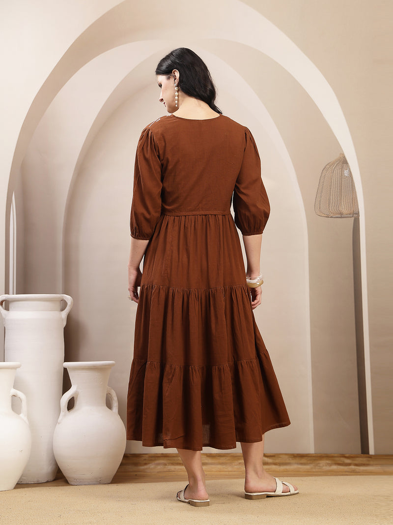 Stylum Women's Brown Solid & Embroidered Tiered Dress With Jacket (DRSBROWNFERRARI)