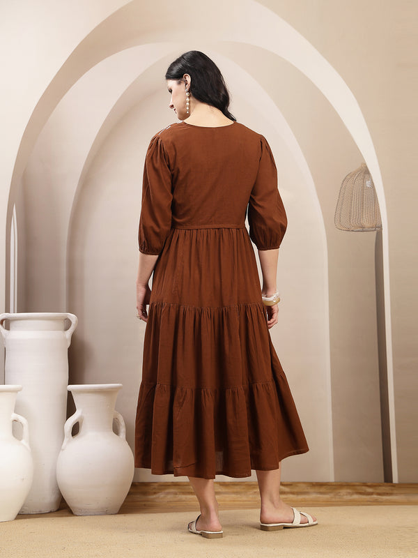 Stylum Women's Brown Solid & Embroidered Tiered Dress With Jacket (DRSBROWNFERRARI)