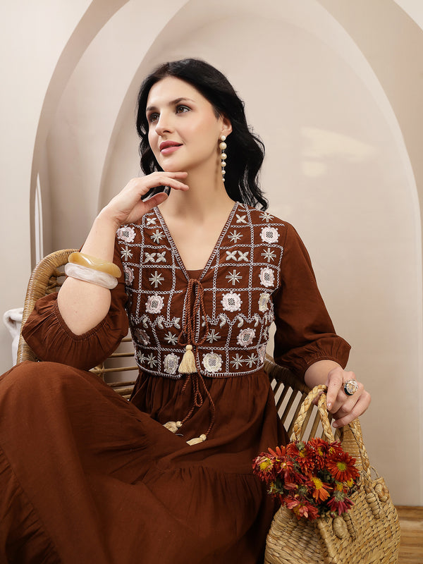 Stylum Women's Brown Solid & Embroidered Tiered Dress With Jacket (DRSBROWNFERRARI)