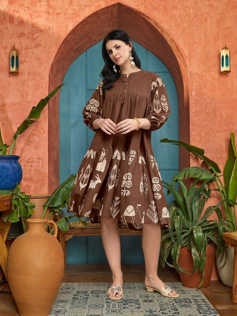 Stylum Women's Brown Boho Printed Cotton Tiered Dress (DRSBROWNMAYURI)