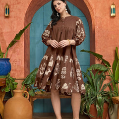 Stylum Women's Brown Boho Printed Cotton Tiered Dress (DRSBROWNMAYURI)