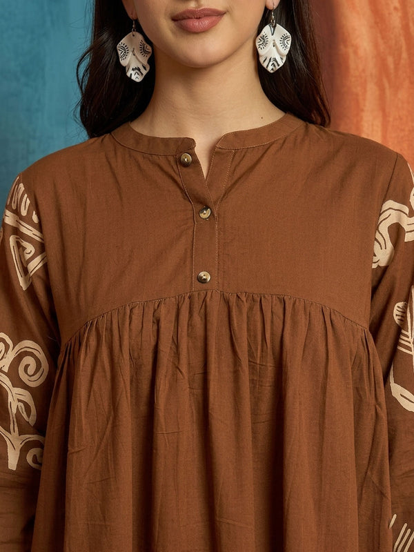 Stylum Women's Brown Boho Printed Cotton Tiered Dress (DRSBROWNMAYURI)