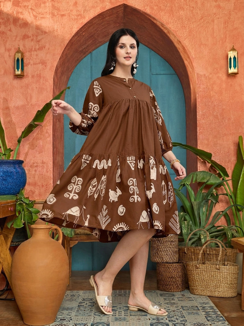 Stylum Women's Brown Boho Printed Cotton Tiered Dress (DRSBROWNMAYURI)