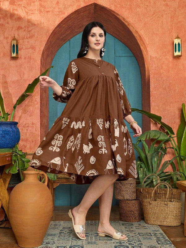 Stylum Women's Brown Boho Printed Cotton Tiered Dress (DRSBROWNMAYURI)
