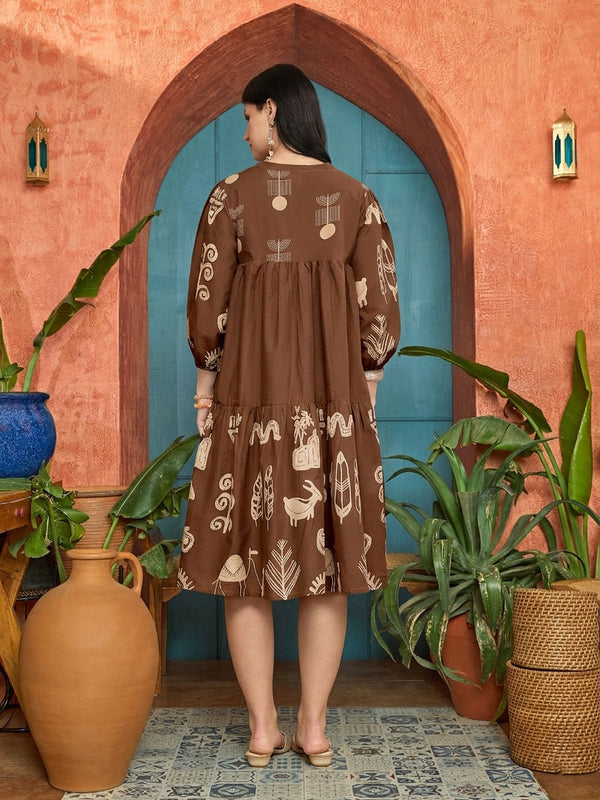 Stylum Women's Brown Boho Printed Cotton Tiered Dress (DRSBROWNMAYURI)