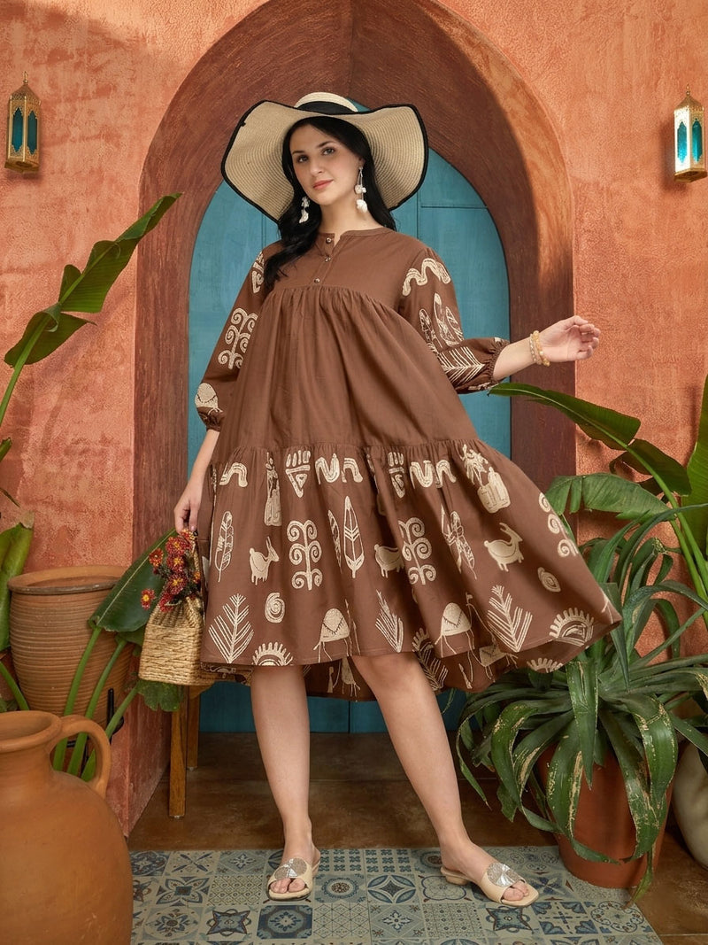 Stylum Women's Brown Boho Printed Cotton Tiered Dress (DRSBROWNMAYURI)