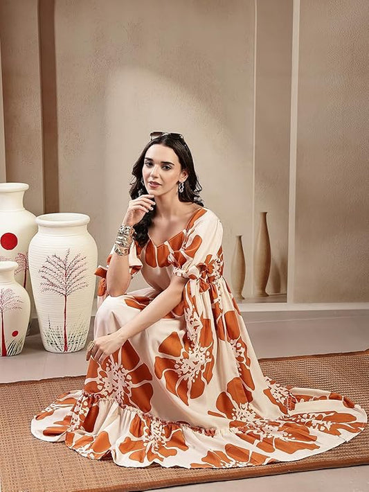 Stylum Women's Brown Floral Printed Rayon Tiered Dress (DRSBROWNSCHON)