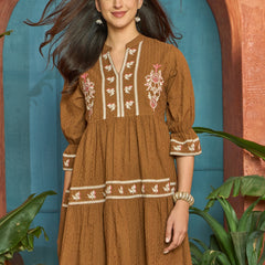 Stylum Women's Brown Woven Embroidered Cotton Dobby Tiered Dress (DRSBROWNTOFU)