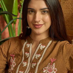 Stylum Women's Brown Woven Embroidered Cotton Dobby Tiered Dress (DRSBROWNTOFU)