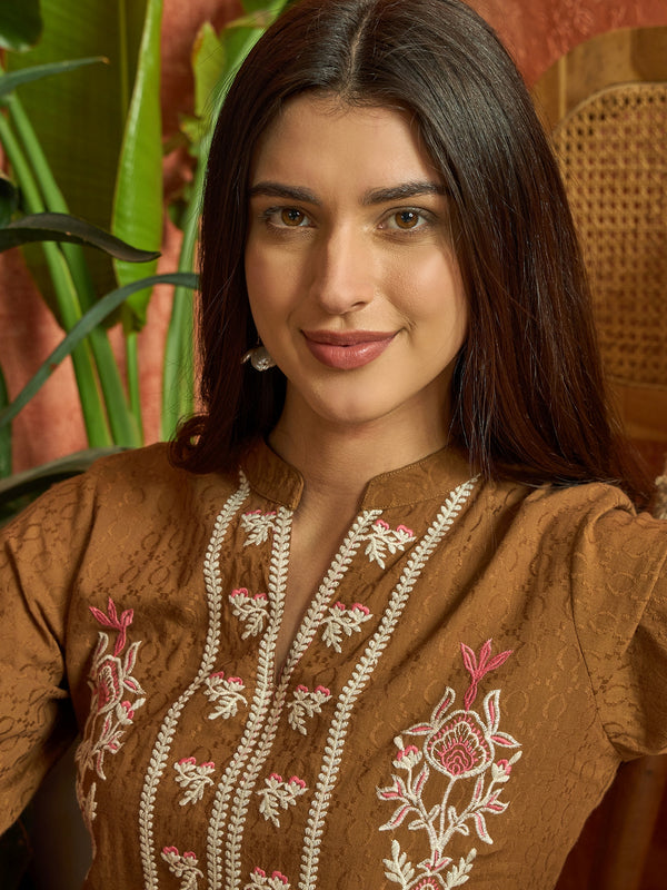 Stylum Women's Brown Woven Embroidered Cotton Dobby Tiered Dress (DRSBROWNTOFU)