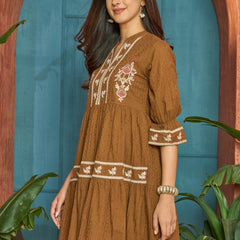 Stylum Women's Brown Woven Embroidered Cotton Dobby Tiered Dress (DRSBROWNTOFU)