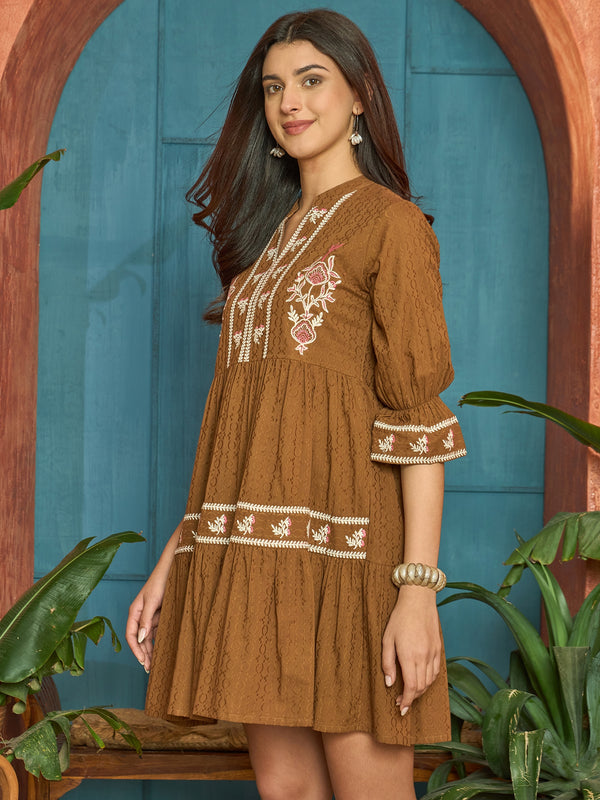 Stylum Women's Brown Woven Embroidered Cotton Dobby Tiered Dress (DRSBROWNTOFU)