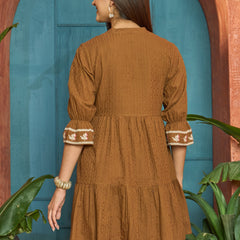 Stylum Women's Brown Woven Embroidered Cotton Dobby Tiered Dress (DRSBROWNTOFU)
