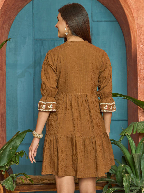 Stylum Women's Brown Woven Embroidered Cotton Dobby Tiered Dress (DRSBROWNTOFU)