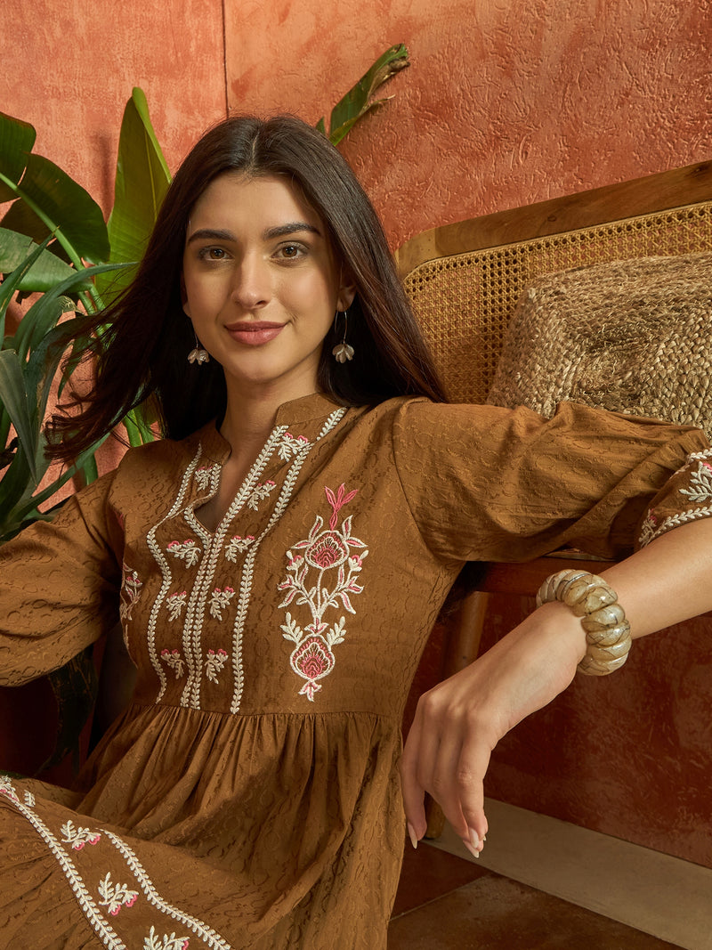 Stylum Women's Brown Woven Embroidered Cotton Dobby Tiered Dress (DRSBROWNTOFU)