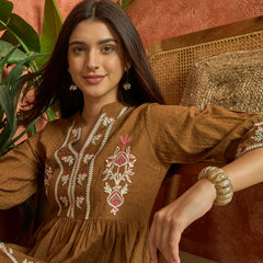 Stylum Women's Brown Woven Embroidered Cotton Dobby Tiered Dress (DRSBROWNTOFU)