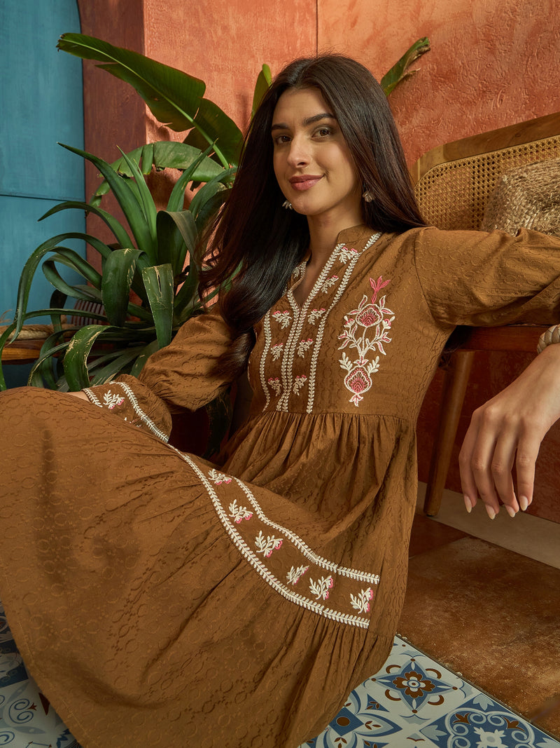 Stylum Women's Brown Woven Embroidered Cotton Dobby Tiered Dress (DRSBROWNTOFU)
