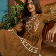 Stylum Women's Brown Woven Embroidered Cotton Dobby Tiered Dress (DRSBROWNTOFU)