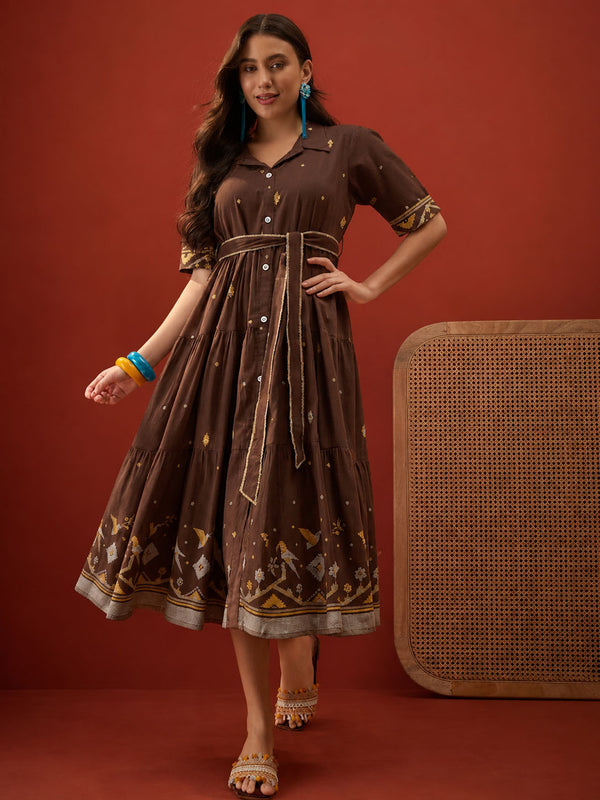 Stylum Women's Brown Solid Cotton Tiered Dress (DRSBROWNVIVORA)