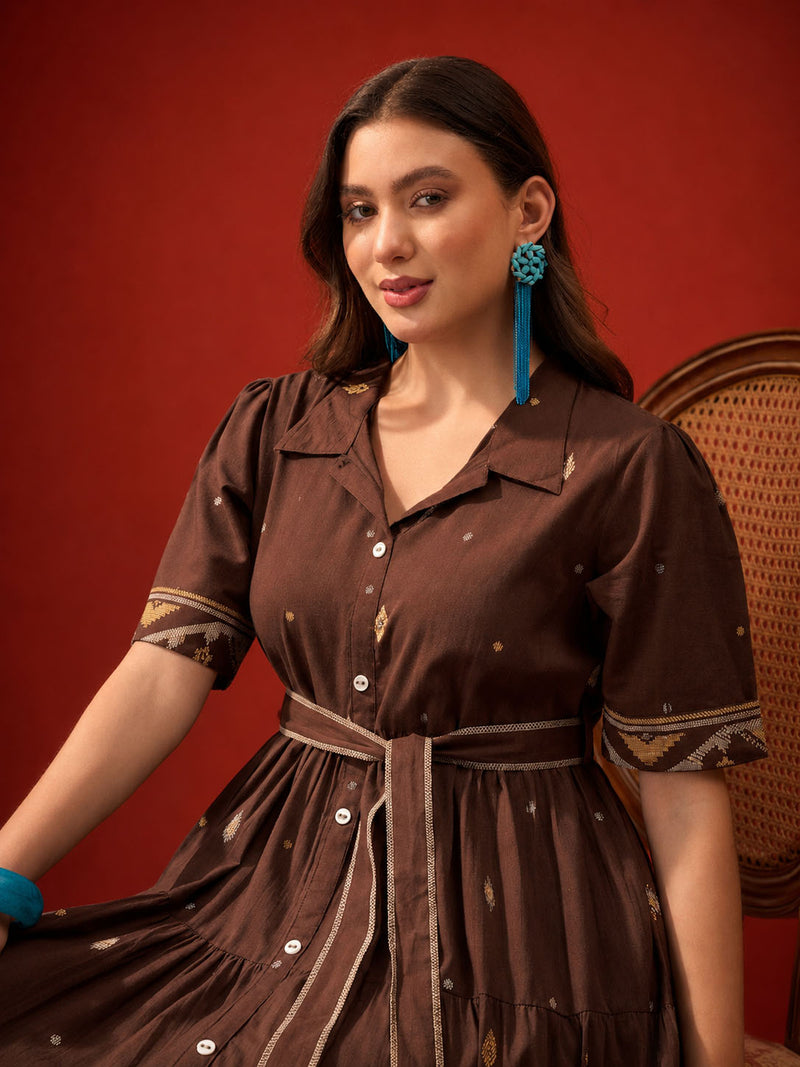Stylum Women's Brown Solid Cotton Tiered Dress (DRSBROWNVIVORA)