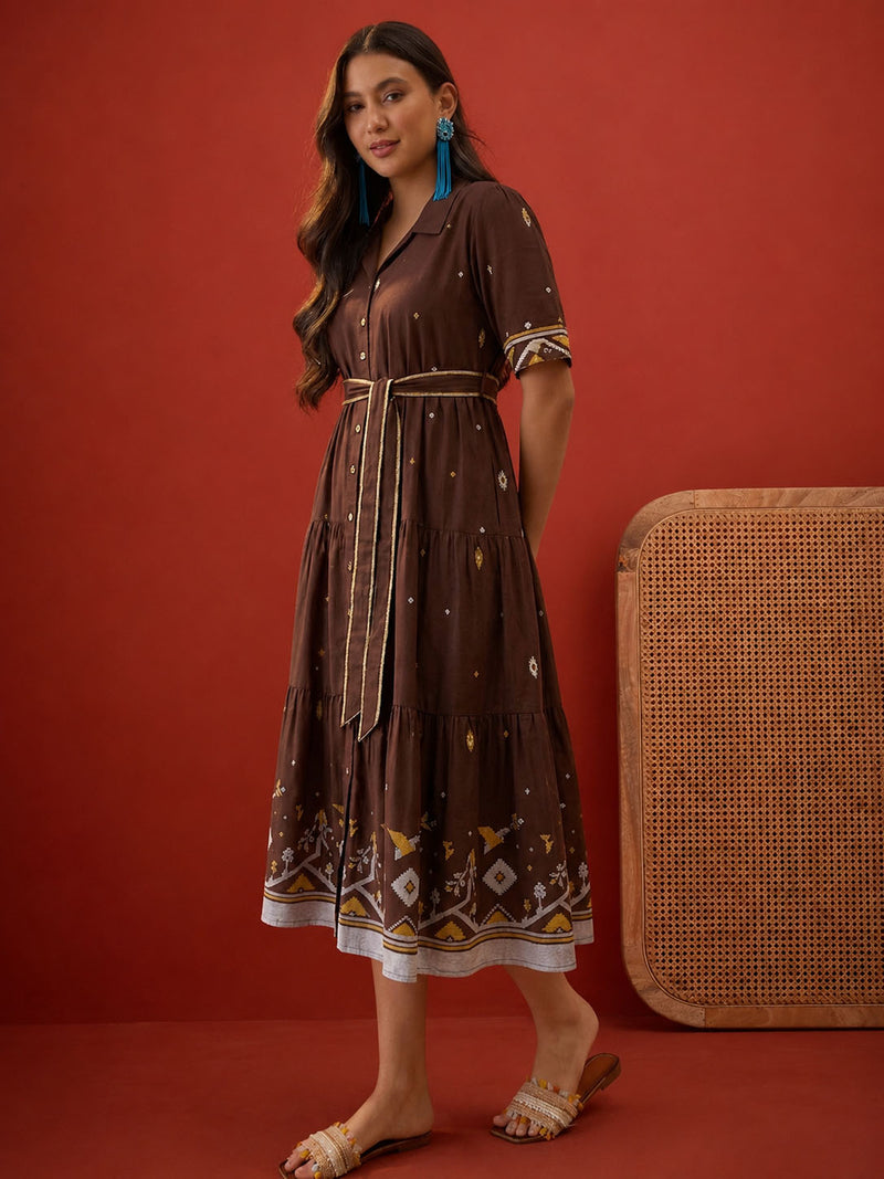 Stylum Women's Brown Solid Cotton Tiered Dress (DRSBROWNVIVORA)