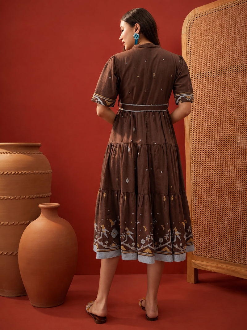 Stylum Women's Brown Solid Cotton Tiered Dress (DRSBROWNVIVORA)
