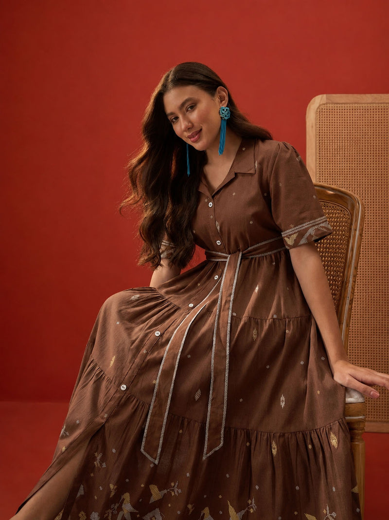 Stylum Women's Brown Solid Cotton Tiered Dress (DRSBROWNVIVORA)