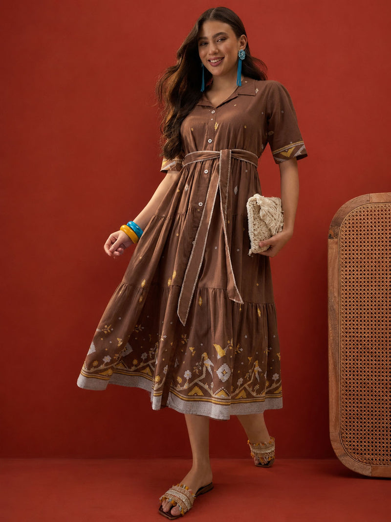 Stylum Women's Brown Solid Cotton Tiered Dress (DRSBROWNVIVORA)