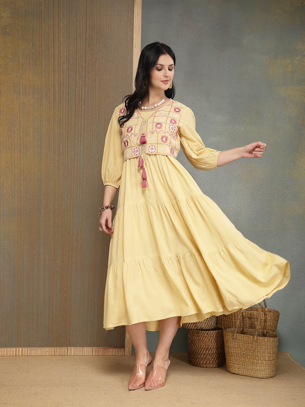 Stylum Women's Butter Solid & Embroidered Rayon Tiered Dress With Jacket (DRSBUTTERFERRARI)