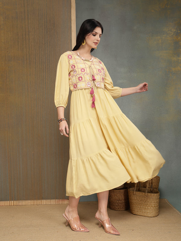 Stylum Women's Butter Solid & Embroidered Rayon Tiered Dress With Jacket (DRSBUTTERFERRARI)