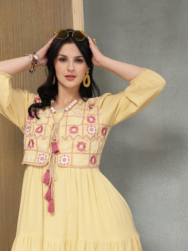 Stylum Women's Butter Solid & Embroidered Rayon Tiered Dress With Jacket (DRSBUTTERFERRARI)