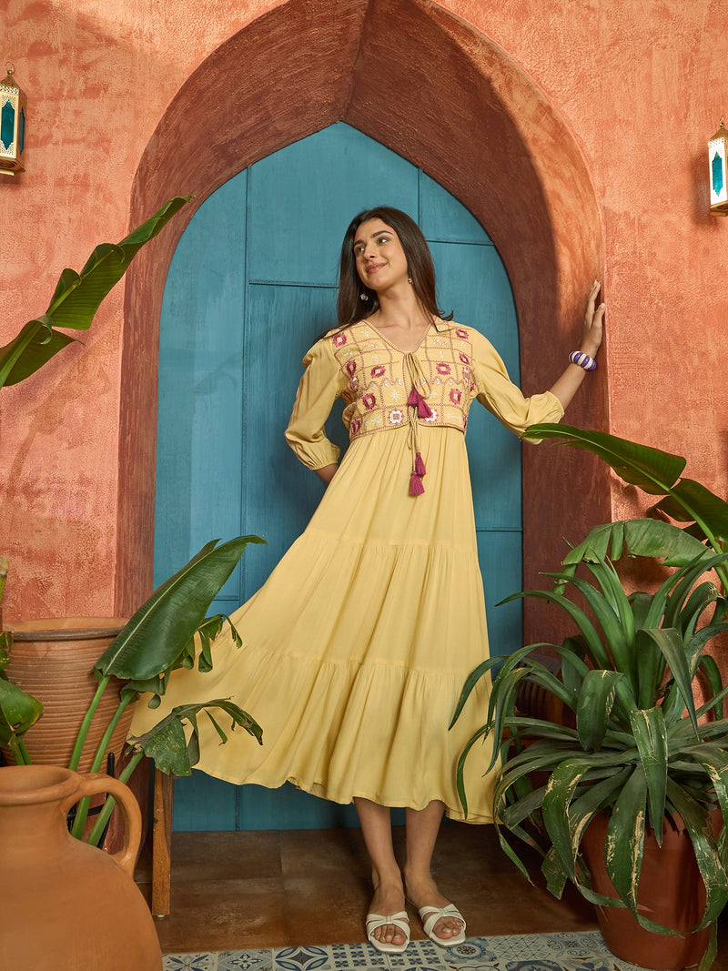 Stylum Women's Butter Solid & Embroidered Rayon Tiered Dress With Jacket (DRSBUTTERFERRARI)