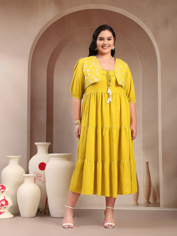 Stylum Women's Plus Size Corn Solid & Embroidered Rayon Tiered Dress with Jacket (DRSCORNKAYPLUS)