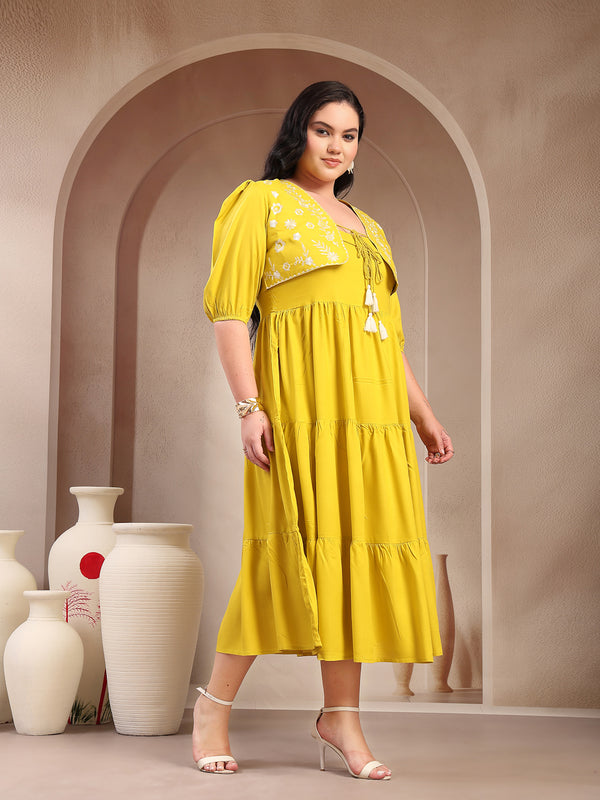 Stylum Women's Plus Size Corn Solid & Embroidered Rayon Tiered Dress with Jacket (DRSCORNKAYPLUS)
