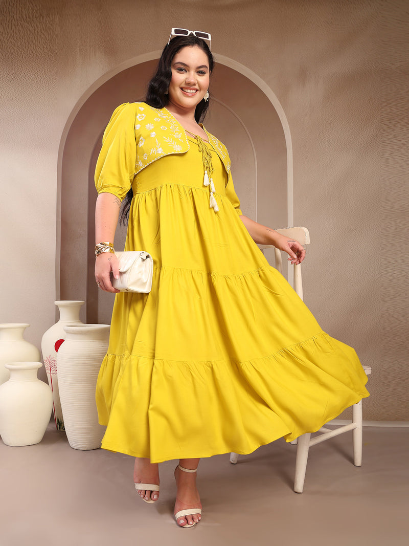 Stylum Women's Plus Size Corn Solid & Embroidered Rayon Tiered Dress with Jacket (DRSCORNKAYPLUS)