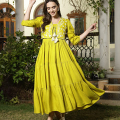 Stylum Women's Corn Solid & Embroidered Rayon Tiered Dress with Jacket (DRSCORNKAY)