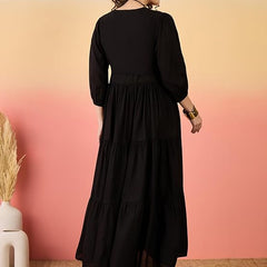 Stylum Women's Black Solid & Embroidered Rayon Tiered Dress with Jacket (DRSBLACKKAYN)